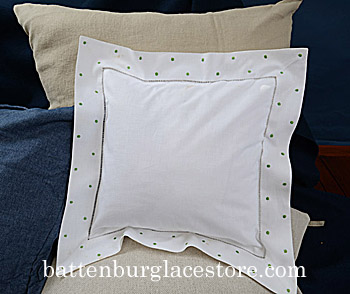 Hemstitch Baby Pillow Sham Mint Green polka dots, 12"x12" - Click Image to Close